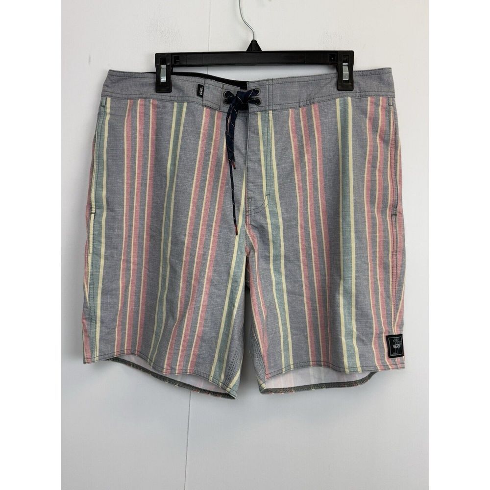 Vans Board Shorts 4 Way Stretch Men's‎ 34 Swim Trunks Grey Striped 8" Inseam